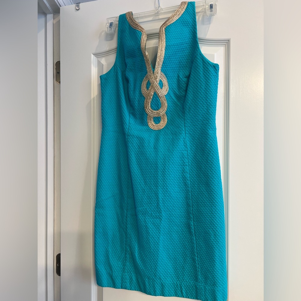 Lilly Pulitzer teal & gold mini shift dress